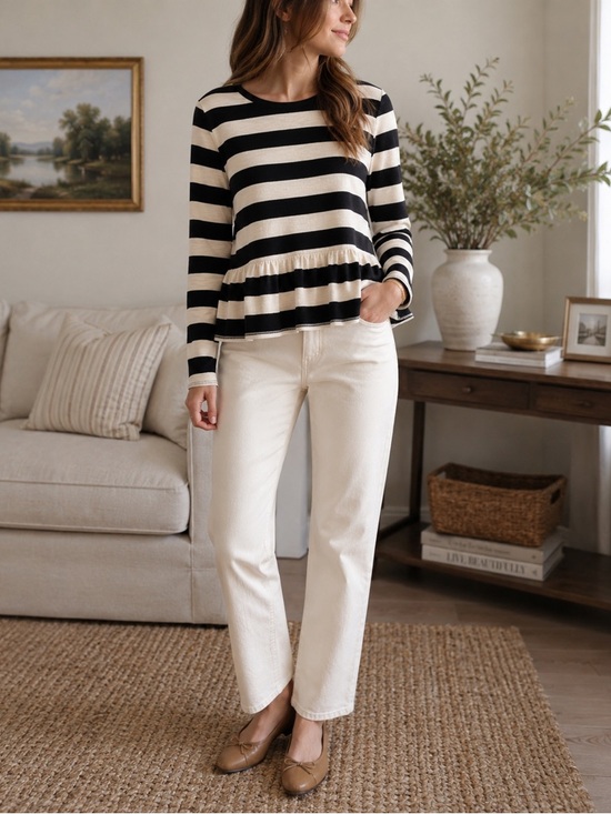 LOFT Tops - LOFT Black Cream Striped Peplum Top Medium Coastal Preppy Cotton